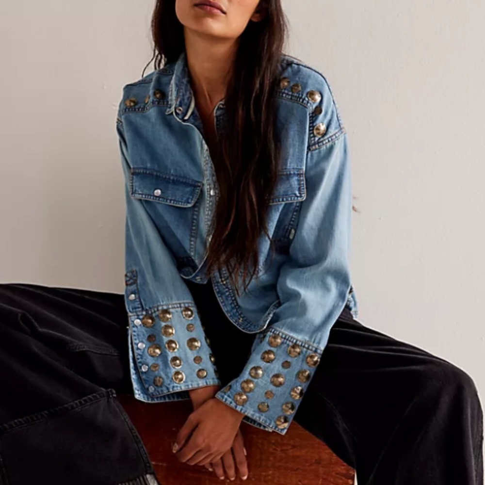 NWT Free People We The Free Denim Austin Silver Pearl Western Boho Top Jacket XS
